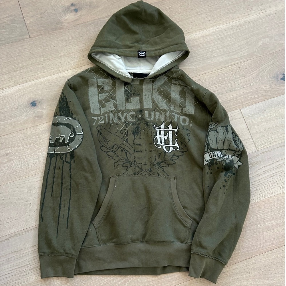 RARE Y2K Ecko Unltd Pullover Hoodie Mens Medium Olive Green Y2K Streetwear